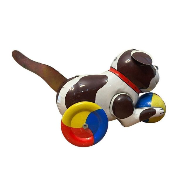 Vintage Tin Lithograph Dog Puppy With Ball Pull Tail Rolls Across the Floor - Picture 3 of 5